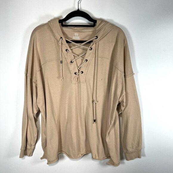 Aerie Hoodie Sweatshirt Beige Lace Up Oversized Pullover Lounge Size Medium - Picture 1 of 10